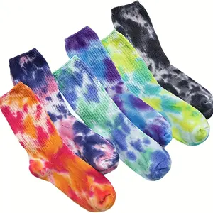 7 Pairs Tie-dye Crew Socks, Fashion Mid-calf Socks, Hip-hop Street Style Socks, Unisex Socks, Spring Summer Sports Travel Socks Color Mixing