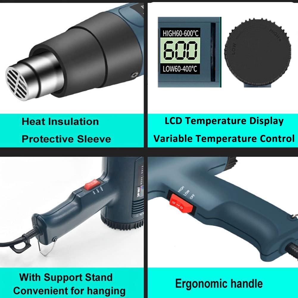 Hot Air Gun Kit, 2500W Heat Gun Electric Hot Air Gun ,140℉-1112℉（60℃- 600℃), Bubble Removing Tool For Car Wrap with 4 Nozzles, for Crafts, Shrink Wrapping/Tubing, Paint Removing, Epoxy Resin