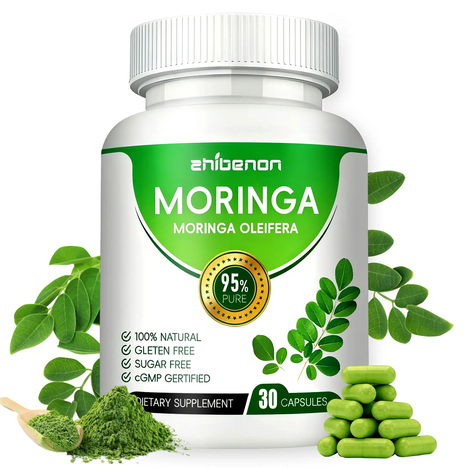 ZHIBENON Green Superfood Supplement Capsules for Adults, Multi-Size (30/60/90 Capsules Per Bottle) with 30:1 Leaf Extract & Moringa Oil, Dietary Supplement