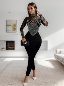 women's plain rhinestone decor mock neck mesh skinny jumpsuit, elegant fashion long sleeve zipper sparkle jumpsuit for party club dating,  ladies spring & fall longsleeves clothes, breathable womenswear, elegant fit jumpsuit