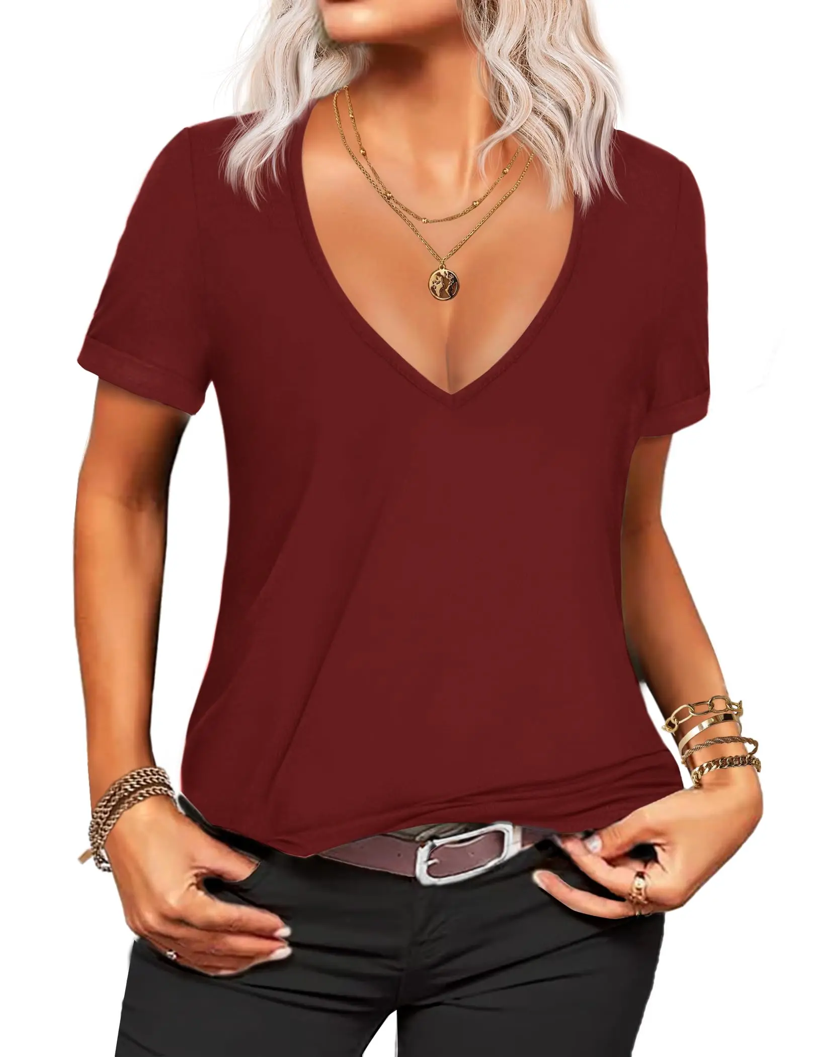 Women's Basic Deep V T-Shirt - Breezy Short Sleeves, Loose Casual Summer Top (S-3XL)