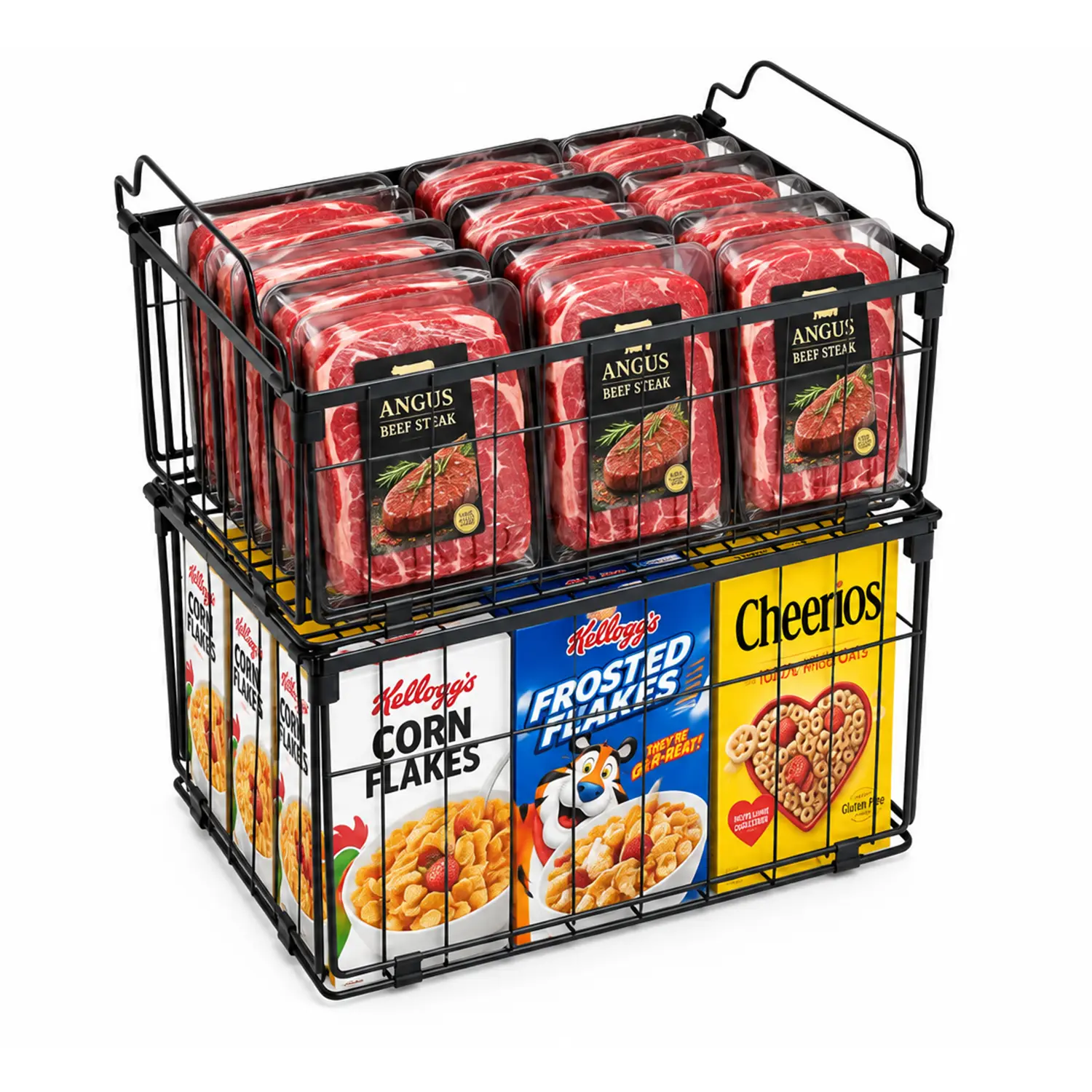 Qawtor Stackable Wire Freezer Organizer Baskets with Handles, Black Foldable Metal Storage Bins, Open-Grid Design for Easy Access, Space-Saving Storage for Chest Freezers, Refrigerators, Frozen Food & Kitchen Organization (2/4-Pack Options)