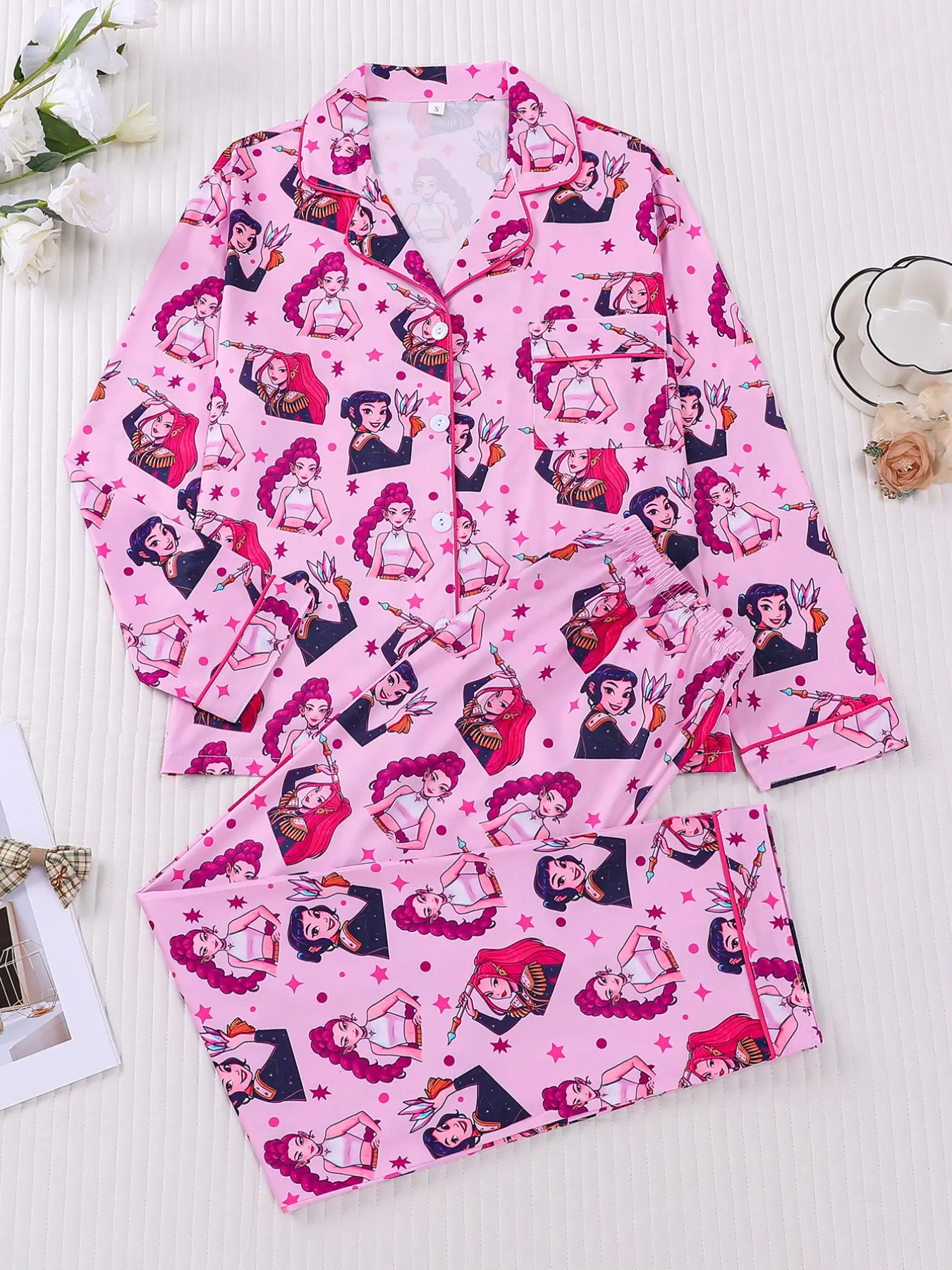 Women's K-Pop Hunter Girl Group Printed Pajama Set, Nightwear, Loungewear, Long Sleeve Top & Pants, All Seasons Casual Fitted Homewear, Pyjamas, Starlight Pajama Set, Sleepwear Loungewear