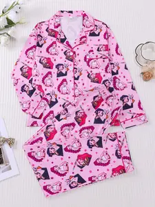 Women's K-Pop Hunter Girl Group Printed Pajama Set, Nightwear, Loungewear, Long Sleeve Top & Pants, All Seasons Casual Fitted Homewear, Pyjamas