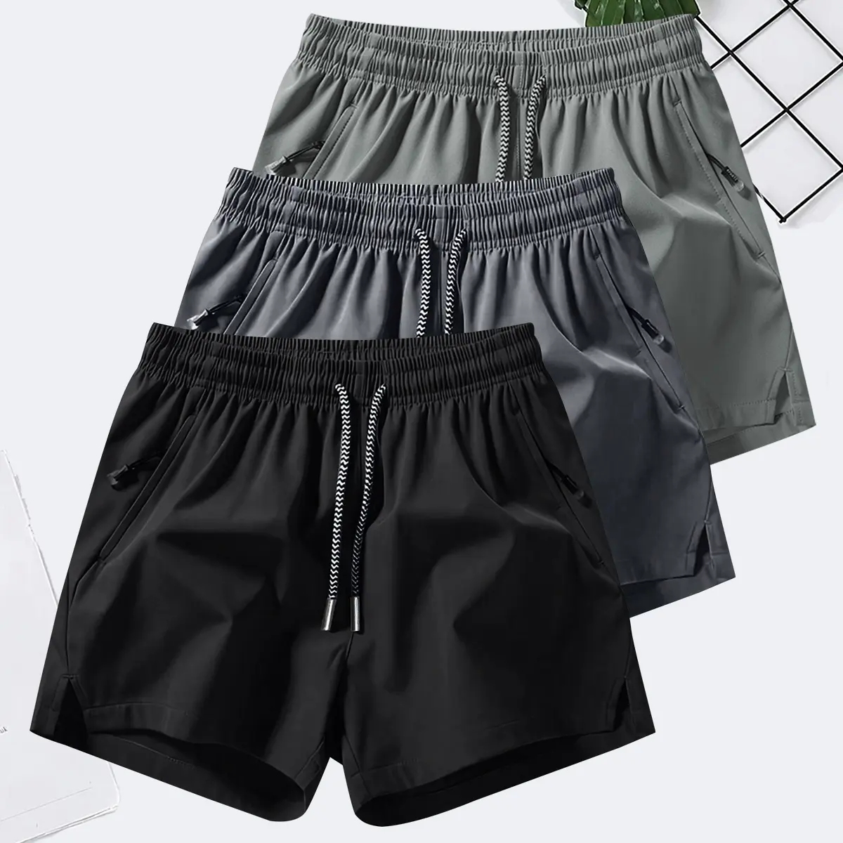 Men's Solid Color Casual Shorts Three-Piece Set, With Zipper Pockets, Summer Fashion Drawstring Sports Shorts, Suitable For Gym And Outdoor Wear Men's Solid Color Casual Shorts Three-Piece Set, With Zipper Pockets, Summer Fashion Drawstring Sports Shorts, Suitable For Gym And Outdoor Wear