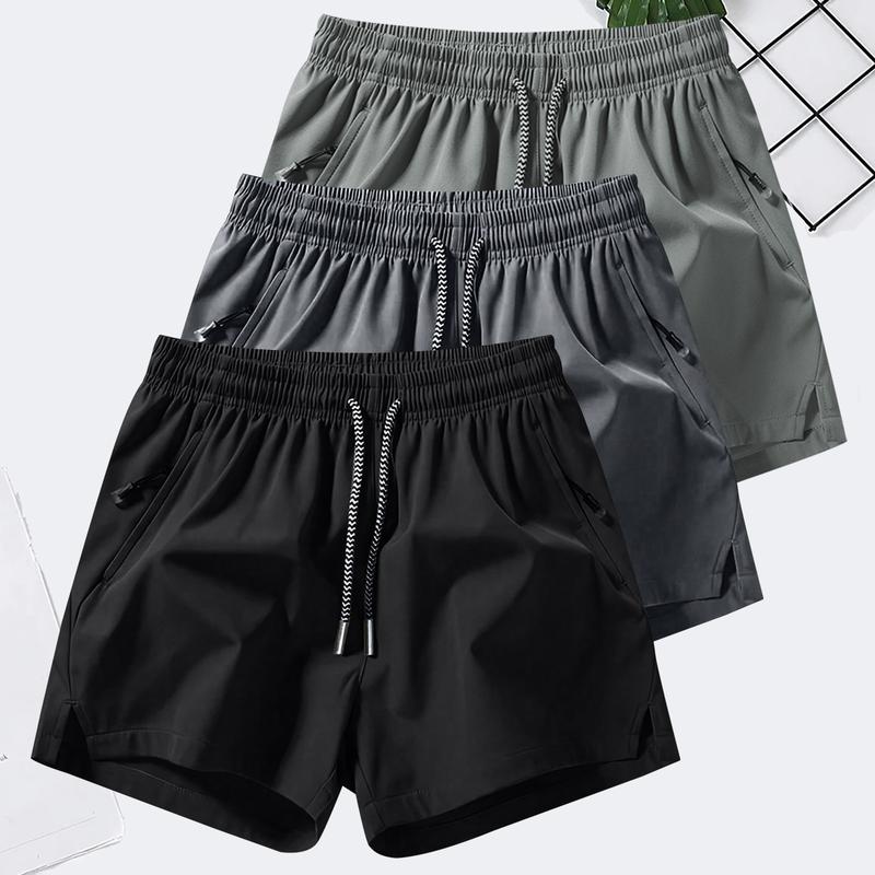 Men's Solid Color Casual Shorts Three-Piece Set, With Zipper Pockets, Summer Fashion Drawstring Sports Shorts, Suitable For Gym And Outdoor Wear Men's Solid Color Casual Shorts Three-Piece Set, With Zipper Pockets, Summer Fashion Drawstring Sports Shorts, Suitable For Gym And Outdoor Wear