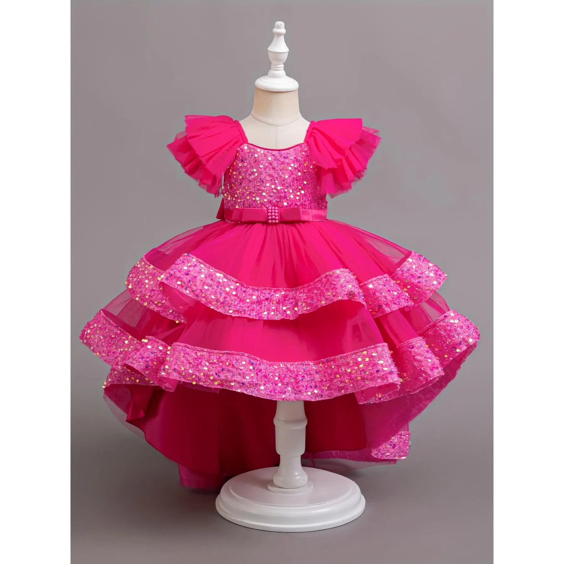 Elegant Pink Sequin Princess Dress Girls - A-Line Tiered Gown with Mesh  Overlay, Front Bow Detail,