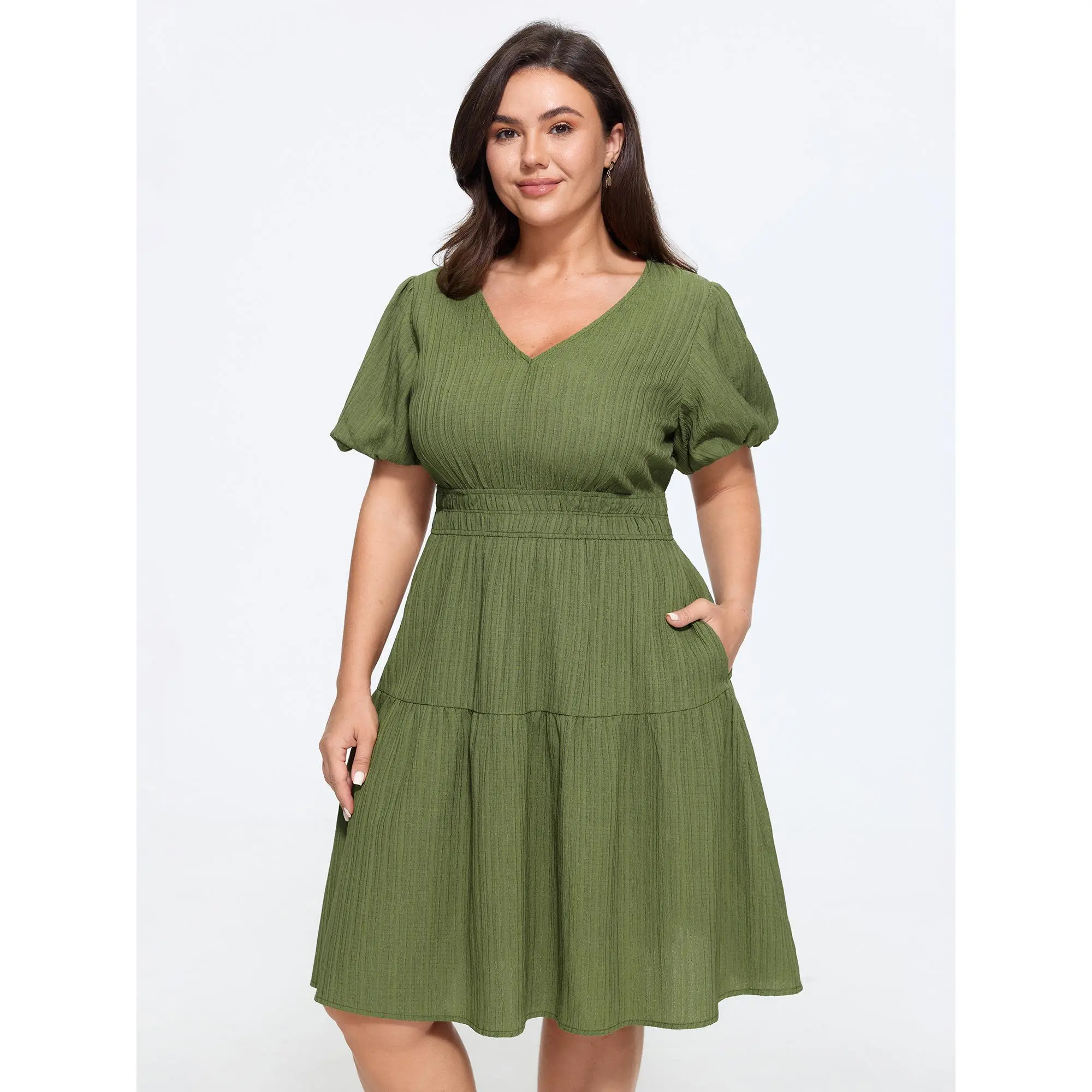 BloomChic Women's Plus Size Short-Sleeve Tiered Mini Dress - Romantic Solid, Shirred Waist, Smooth Polyester, Casual, Pocketed Curvy Garment, Shortsleeve, Plus Size Dresses