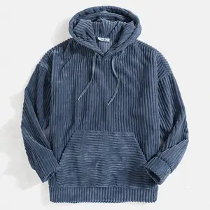 Men's Sweater Thickened Corduroy Long Sleeve Solid Color Kangaroo Pocket Shoulder Hoodie
