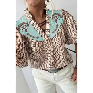 Red Western Pony Embroidered Yoke Puff Sleeve Gingham Blouse