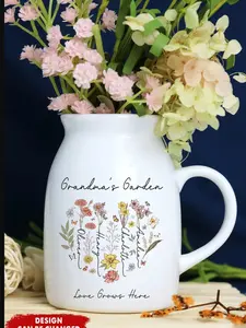 Grandma's Garden Love Grows Here, Personalized Birth Month Flower Mini Flower Vase With Kids Name, Mothers Day Gift for Grandma Mom Drinkware Mug Flower Cup levitatingplant Birthday Ceramic