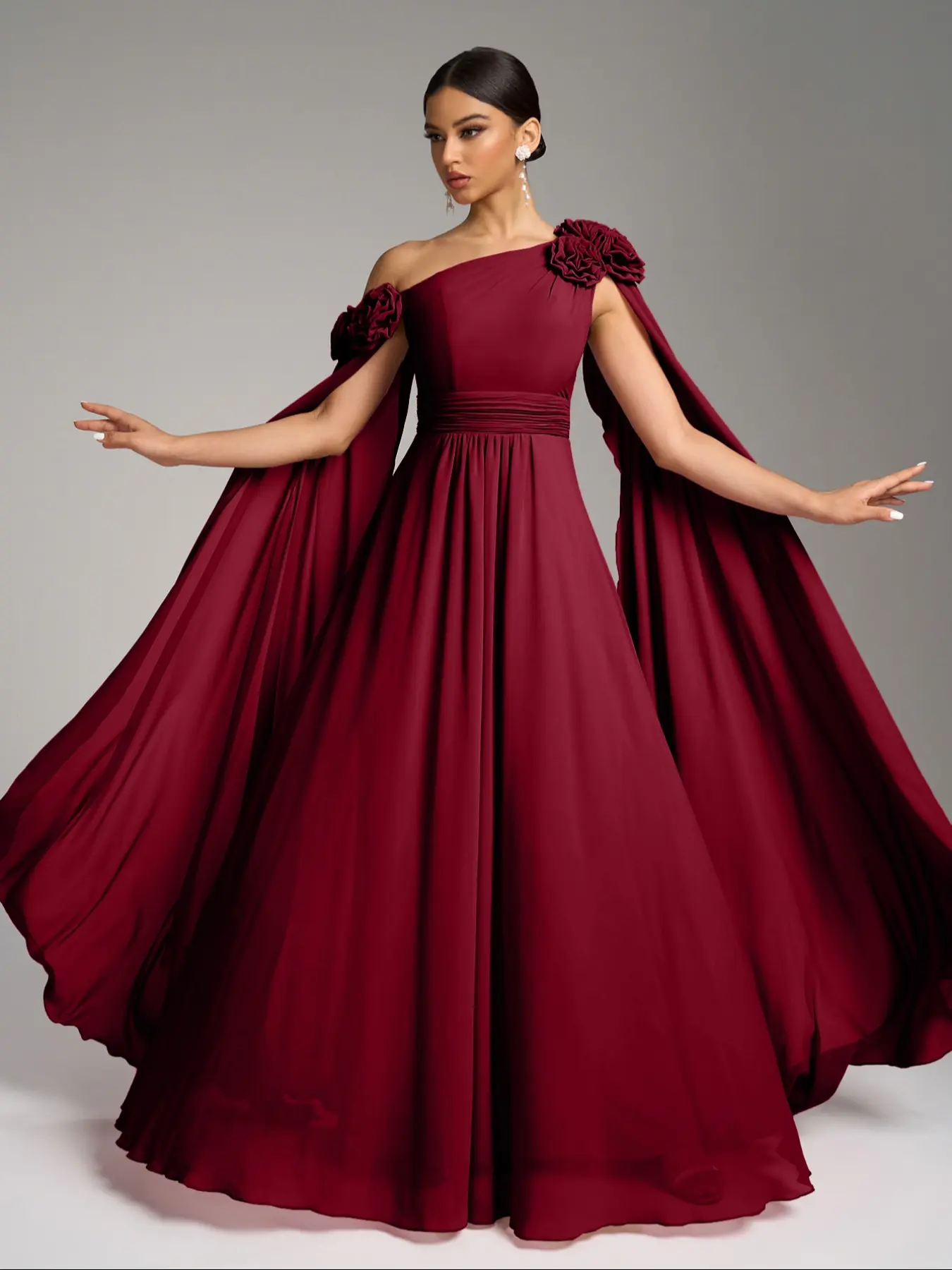 Elegant Off-Shoulder Floral Embellished Long Lightweight Chiffon Evening Dress, Fitted Flowy Maxi Party Gown with Waist Pleats, Formal Occasion Wear Womenswear Elegance, Elegant Chic Gown