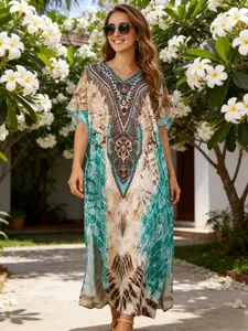 Boho Print Beach Cover-Up for Women, Summer Vacation Loose V-Neck Long Dress, Perfect Outerwear for Seaside