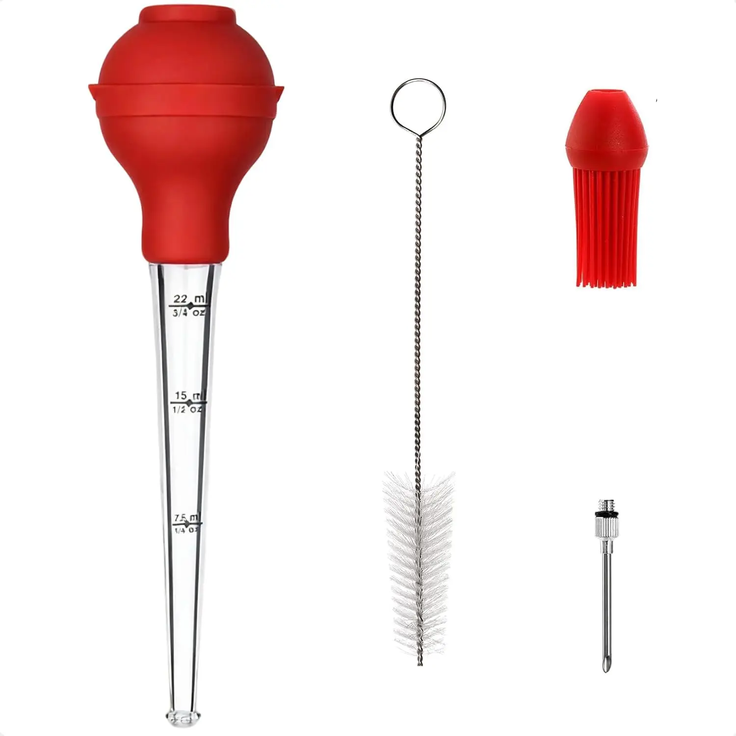 GJANSH 3/4 oz Red Plastic Turkey Baster Set, Large Long Kitchen Utensils for Cooking & Basting with Silicone Bulb, Marinade Injector Needle, Basting Brush, Cleaning Brush, Seasoning & Suction Functionality