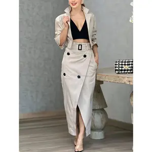 Fashionableandelegantwomen'sstyledresssetwithbelt,buttondetailsandsideseams-solidcolor,wovenpolyesterfiber,suitcollar,longsleevedtopandhighwaistedskirtset