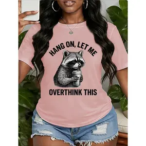 Women's short-sleeve top with coffee cup and little raccoon overthinking text print, round neck, machine washable, comfortable, soft, breathable, suitable for spring, summer, and autumn, new recommended style, loose, casual, trendy, and fashionable