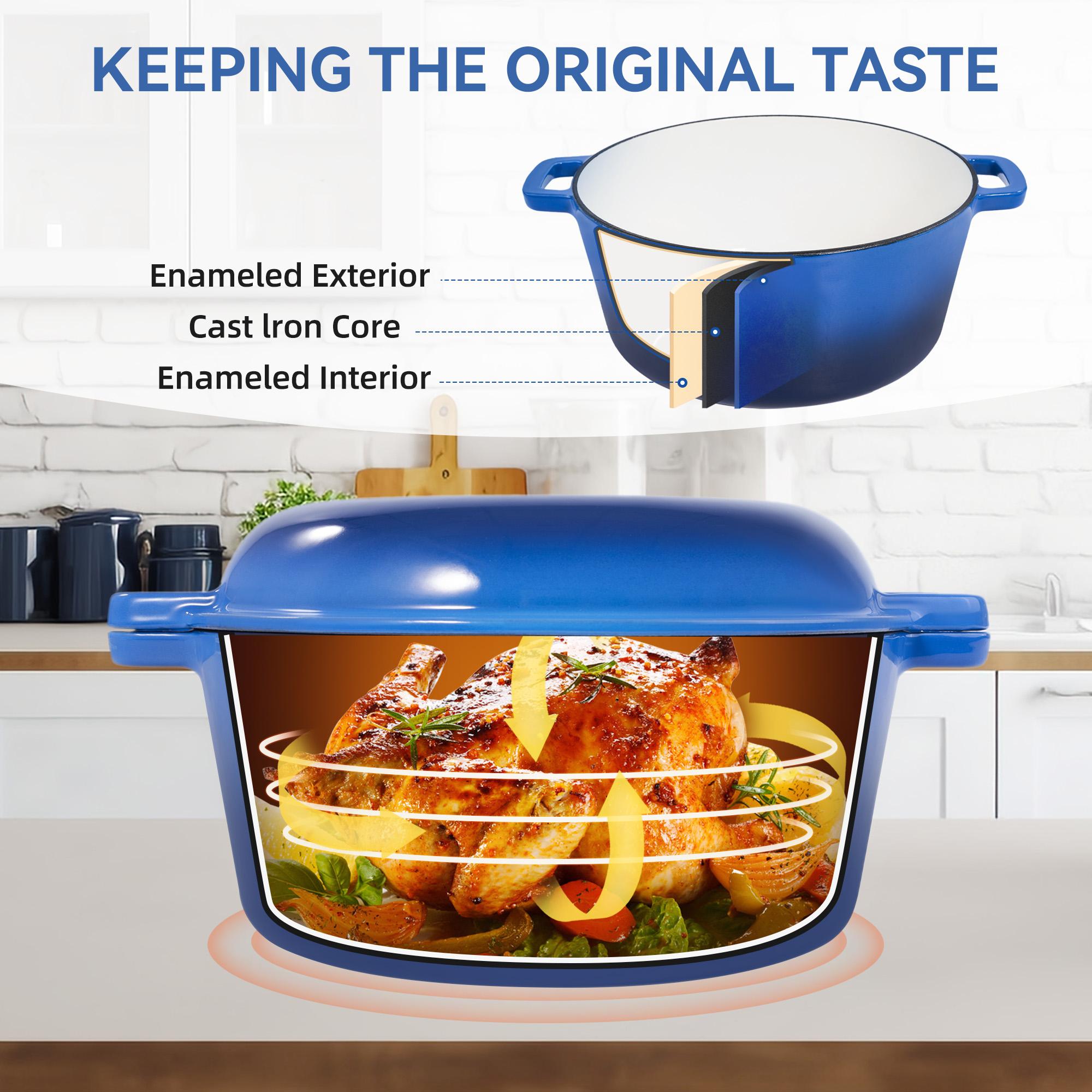 26cm 2-in-1 Enameled Cast Iron Dutch Oven with Skillet Lid, Heavy Duty Soup Pot for Braising, Baking and Daily Cooking braiser pan