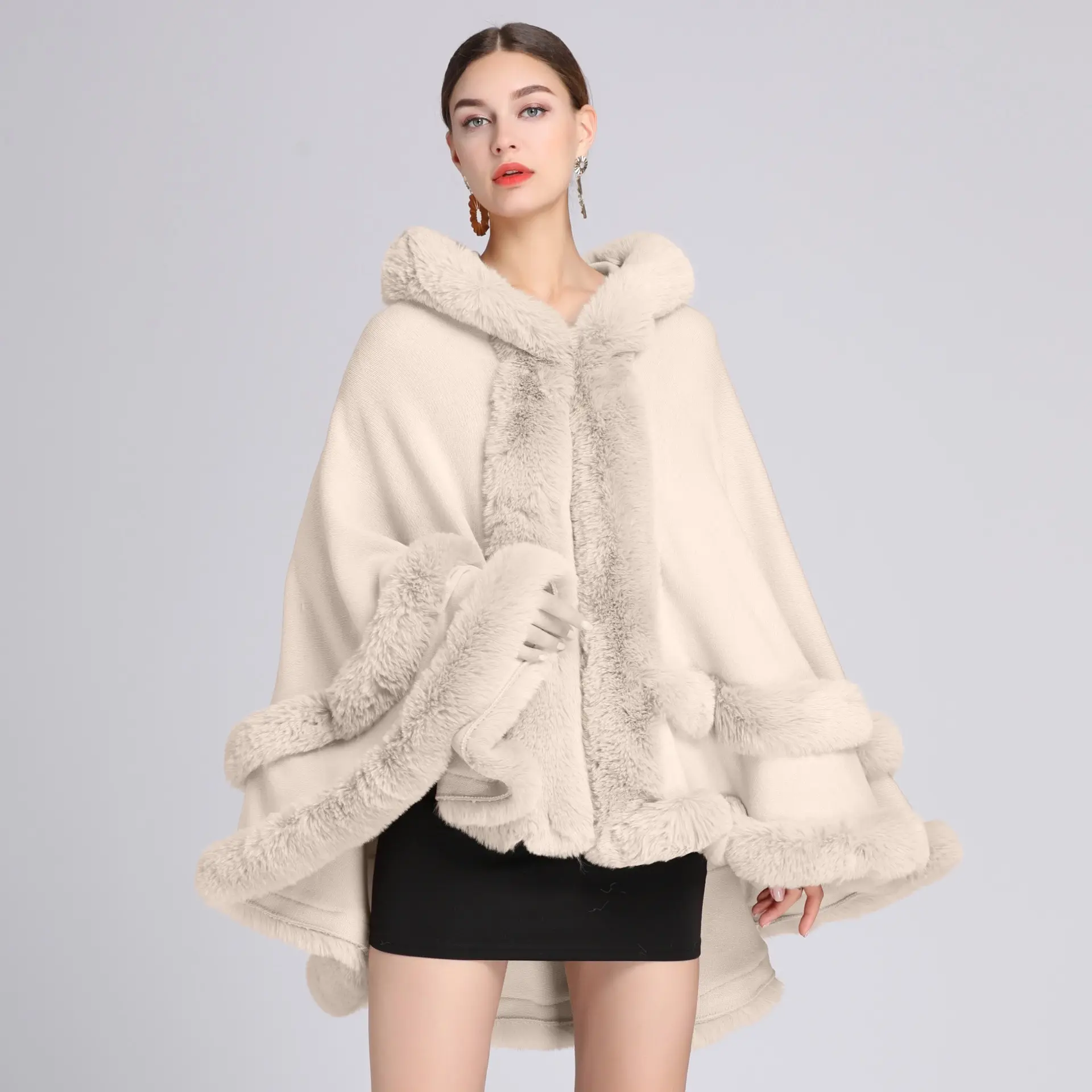 [Luxury Cape Coat] Burgundy Faux Fur-Lined Women's Winter Cape-Style Hooded Cardigan | Oversized Coat for Cold Weather, Middle Eastern-Inspired Elegance, Dry Clean Only