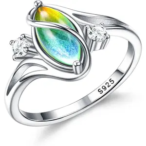 Exquisite 925 Sterling Silver Mood Rings Moonstone for Women Vintage Handmade Victorian Rings Oval Solitaire Ring 18K White Gold Plated Color Change Mood Rings Trendy Womens Jewelry