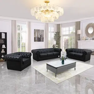 High-End Black Full Grain Leather Sofa Set 3-Piece Solid Wood Frame Luxury Living Room Furniture for Modern Homes