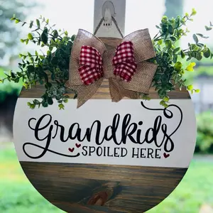Grandkids Spoiled Here Wooden Door Hanger with Red and White Checkered Bow and Greenery