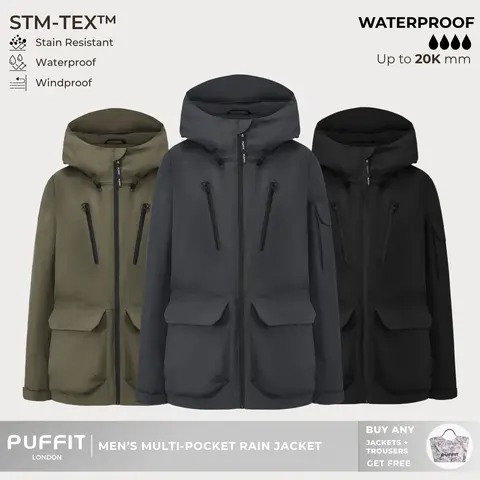 PUFFIT STM-TEX Men’s Multi-Pocket Raincoat,Offering Waterproof,Stain-resistant,Windproof Properties,With 20,000mm Water Column For High Waterproof Performance,Shell Jacket,Windbreaker,Dog Walking,School Running,Fall & Winter Jacket,2026 Shopping