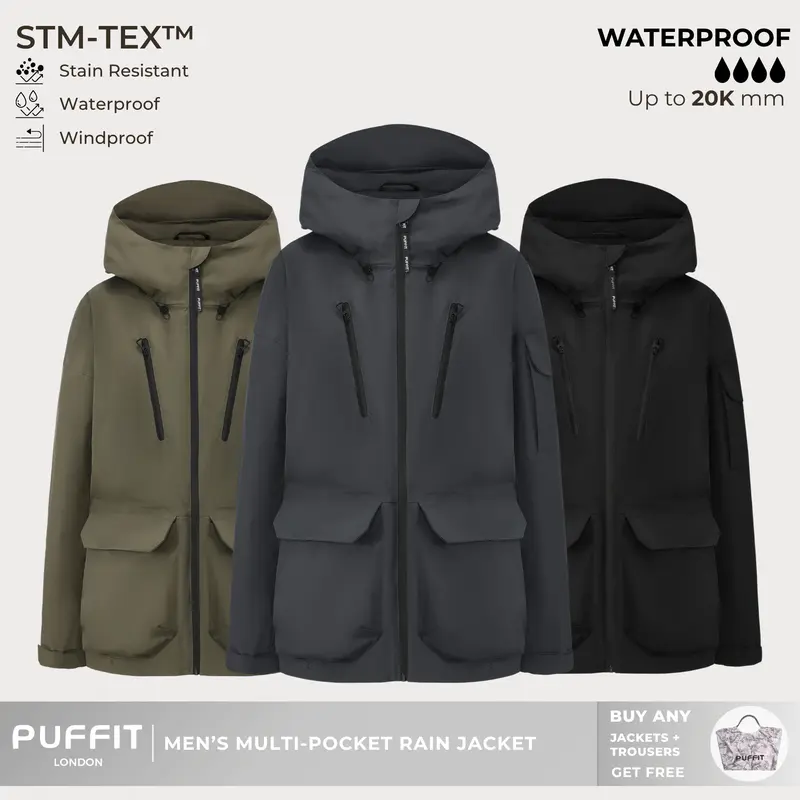 PUFFIT STM-TEX Men’s Multi-Pocket Raincoat,Offering Waterproof,Stain-resistant,Windproof Properties,With 20,000mm Water Column For High Waterproof Performance,Shell Jacket,Windbreaker,Dog Walking,School Running,Fall & Winter Jacket,2026 Shopping