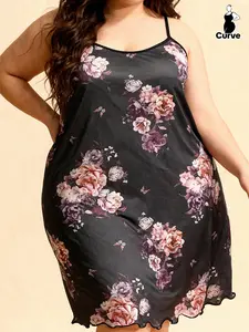 Summer Plus Size Fashion Women's Pajamas, Elegant Floral Print Sleeveless Sleepwear, Loose-Fitting Dress for Home and Travel, Floral Print Nightdress