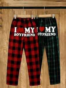 "I ❤️ MY BOYFRIEND" Plaid Pajama Pants | Soft Satin Loungewear | Cozy Sleep Bottoms | TikTok Viral Loungewear | Casual Homewear | Red & Green Plaid Options | Lounge Pants for Women | Soft Sleepwear | Trendy Pajamas | Cozy Homewear | Plaid Print Sleep Pant