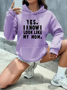 Women's Letter Print Drop Shoulder Hoodie, Fashion Casual Drawstring Pocket Hooded Sweatshirt For Daily Outdoor Wear, Ladies Fall Clothes, Essential Hoodie, Drawstring Pocket Hoodies