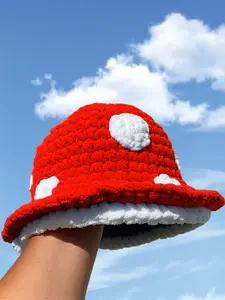 1pc Women's Red Bucket Hat Cute Mushroom Bucket Hat Handmade Crochet Thick Warm Fuzzy Cap, Fairy Tale Forest Hat, Casual Daily Wear