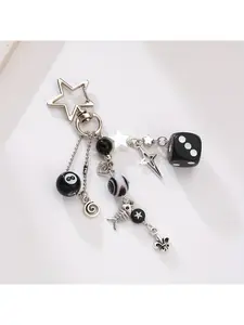 1pc Y2k style dice star keychain, Cute Keychain, Key Charms, alloy material - black number eight and fishbone, star accessories, crab clip, multi-element matching accessories, decorative bag accessories, perfect Valentine's Day gift