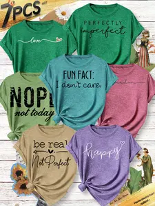 7-Pack Women's Crew Neck T-Shirts, "be real"/"freedom"/"NOPE" Funny Slogan Print Set, Multiple Colors Available, Machine Washable, Spring & Summer Top, Soft Skin-Friendly Fabric, Daily Versatile, Casual, Fashion Design, Womenswear