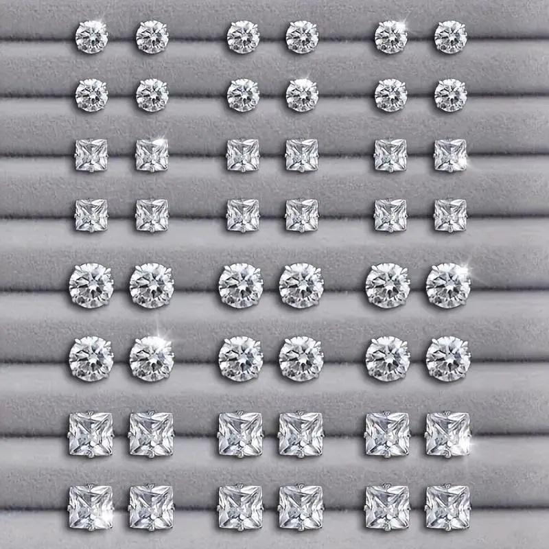 24 Pairs Exquisite Shiny Round Square Shaped Stud Earrings Sparkling Artificial Crystal Inlaid Earrings Set Party Wedding Engagement Anniversary Jewelry Set