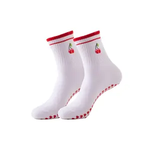 Women Pilates Non Slip yoga socks, ballet sports cherry and pink bow fitness hospital rehabilitation slipper Socks