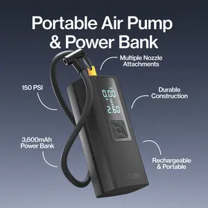 STATIK TireHero: Air Pump & Power Bank | 150 PSI | 3600mAh | LCD Display | Multiple Nozzles | Portable Tire Inflator for Car Bicycles & Motorcycles