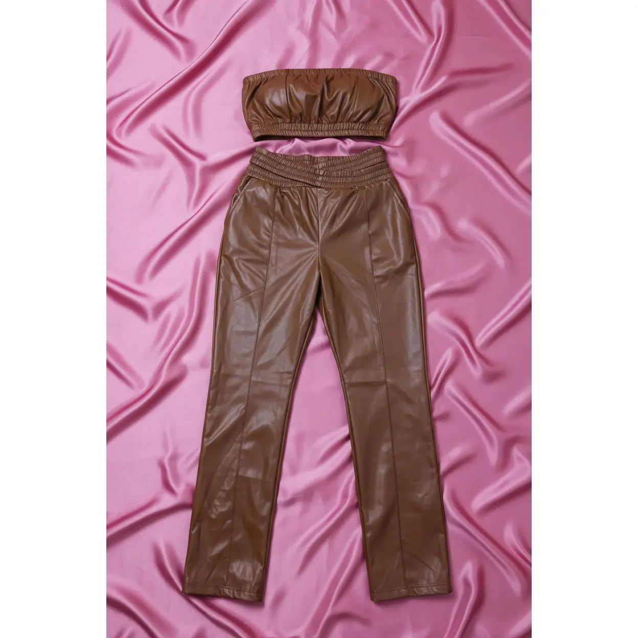 Whisper Sweet Nothing Pants Set - Brown Leather Pants with Elastic Waistband and Top - Womenswear, Includes Pieces for Everyday Wear