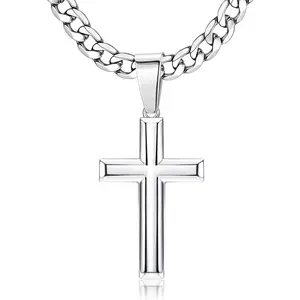 Fansilver Cross Necklace for Men Women 5mm Big Beveled Edge Men's Stainless Steel Durable Cuban Link Chain Curb Chain Crucifix Cross Pendant Necklace Jewelry Gifts 16-30 Inches