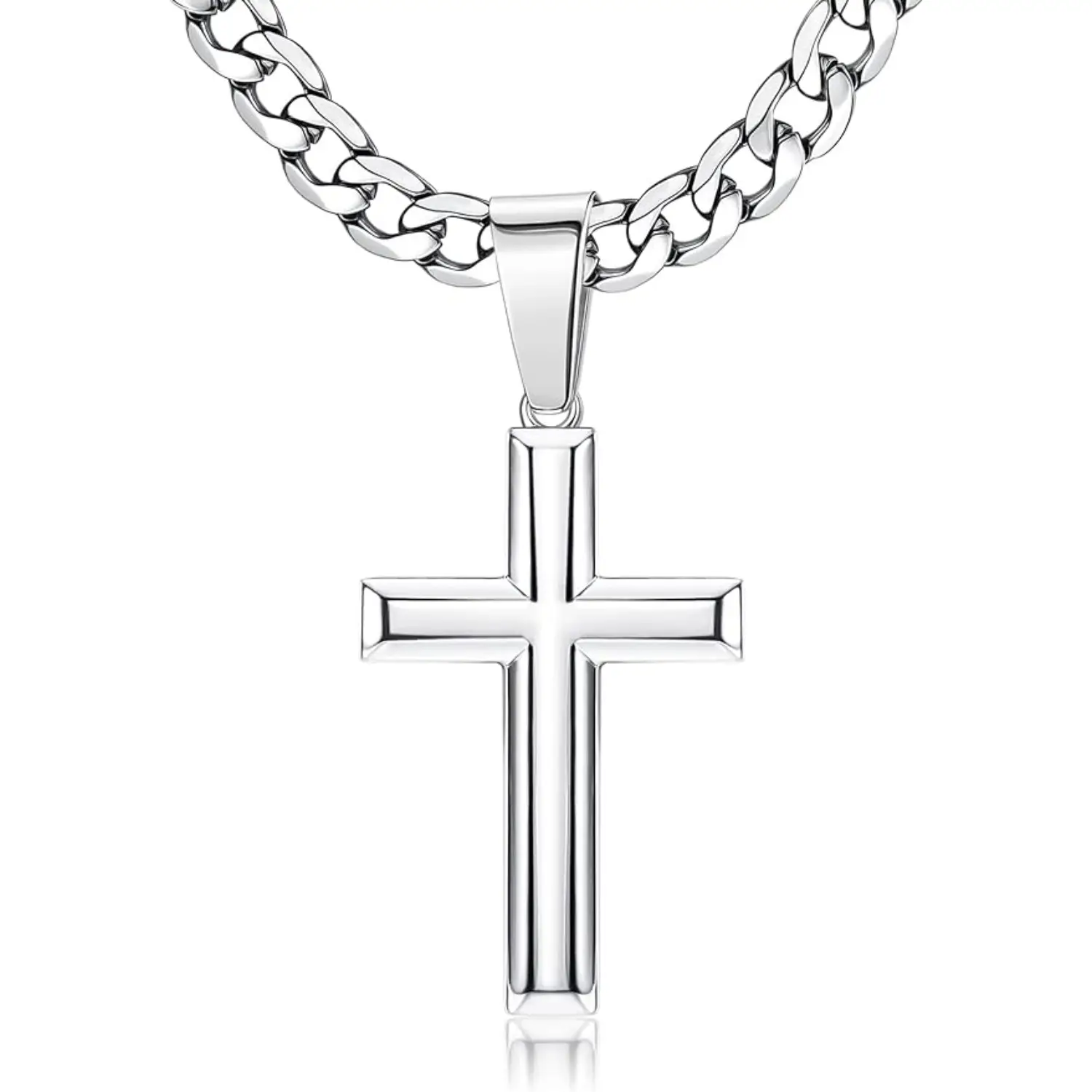 Fansilver Cross Necklace for Men Women 5mm Big Beveled Edge Men's Stainless Steel Durable Cuban Link Chain Curb Chain Crucifix Cross Pendant Necklace