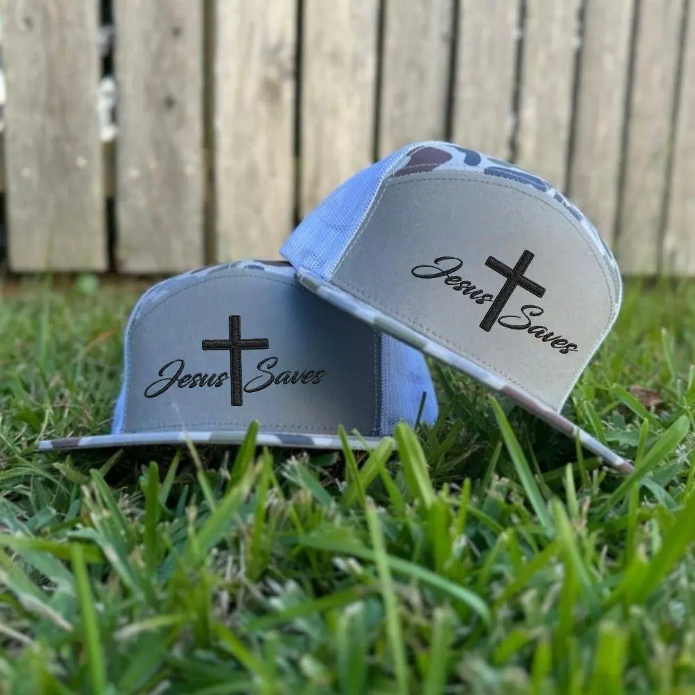 Jesus Saves Camo Embroidered 7- panel Trucker Hat – Embroidery Cross Snapback Cap, Faith-Inspired Outdoor Casual Hat, Southern Style Workwear Cap for Men and Women, Christian Gift, Religious Gift