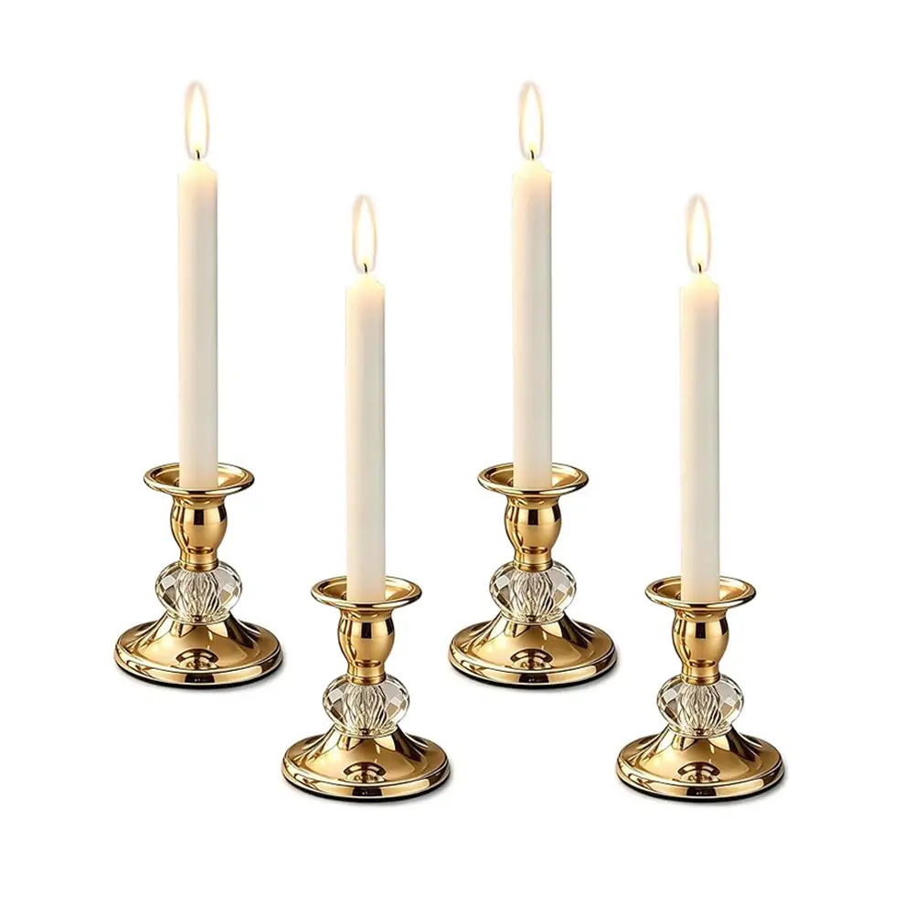 Set of 4 gold candle holders, elegant metal candle holders with faceted crystal accents, tabletop candle holders for weddings, dinners, parties, home decor, Halloween and Christmas decorations, flared bases—a wonderful gift