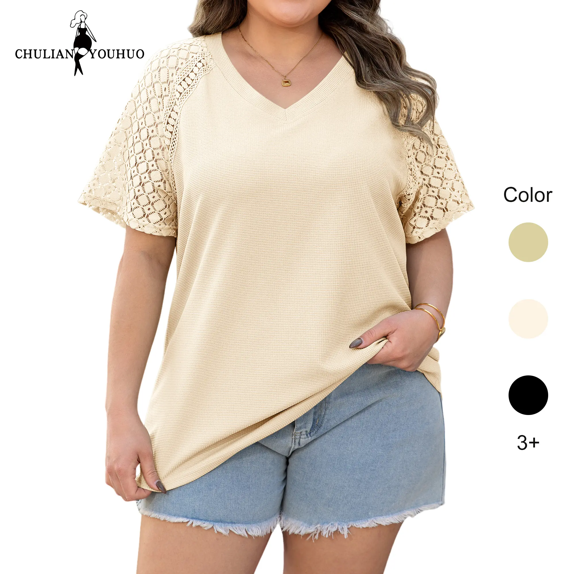 Chulianyouhuo 2026 New Arrival curvy women plus size Lace-Sleeve and Waffle Texture V-Neck Top Casual Soft Loose Tunic T-Shirts Comfy Daily Blouse Fashion t shirts women Womenswear Fabric Clothes  DealsForYouDays