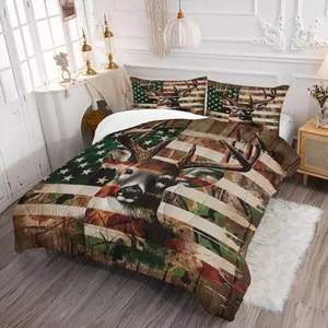 2/3 Deer & Flag Print Bedding Set, Vintage Home Furnishings Comforter Set, Includes Comforter Core Without Pillow Core, Soft and Comfortable, Perfect Decorating Kit for Adult Bedroom, Suitable for All Season Use
