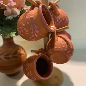 Mexican 4pc Jarrito Pink Talavera Coffee Mugs - Reusable White Clay Design, Ideal for Coffee Drinking - Reuse, Drinkware