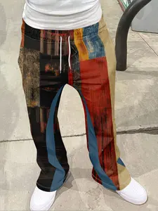 Men's Loose Fit Flare Leg Pants, Casual Streetwear Joggers, Vintage Hip Hop Long Trousers, 3D Print Design, Sporty Fashion, Geometric