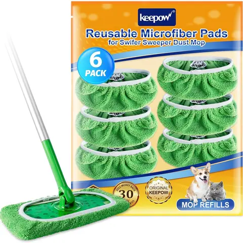 KEEPOW 6 Packs 10in Reusable Cotton Dry/Wet Mop Refills - Washable Microfiber Pads, Sturdy Grip, High Absorption, Soft on Hardwood Floors, 100-Wash Durable, Machine Wash 100x, Fits 10" Tools (Mop Not Included)