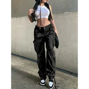 Girl's Wide Legs Baggy Cargo Pants with 2 Flap Pockets, Y2K Style Jeans, Vintage Kpop Inspired Women's Denim Clothing Womenswear Bottom
