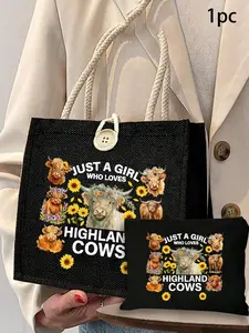 Scottish Cow Women's Handbag Set, Crown Design, Daisy, Just a Girl Who Loves Highland Cows, Large Capacity, Multifunctional Bag