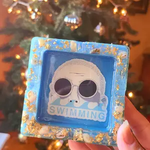 Epoxy Resin Ashtray with Graphic Design, Blue Finish, and "SWIMMING" Text, Includes Decorative Elements