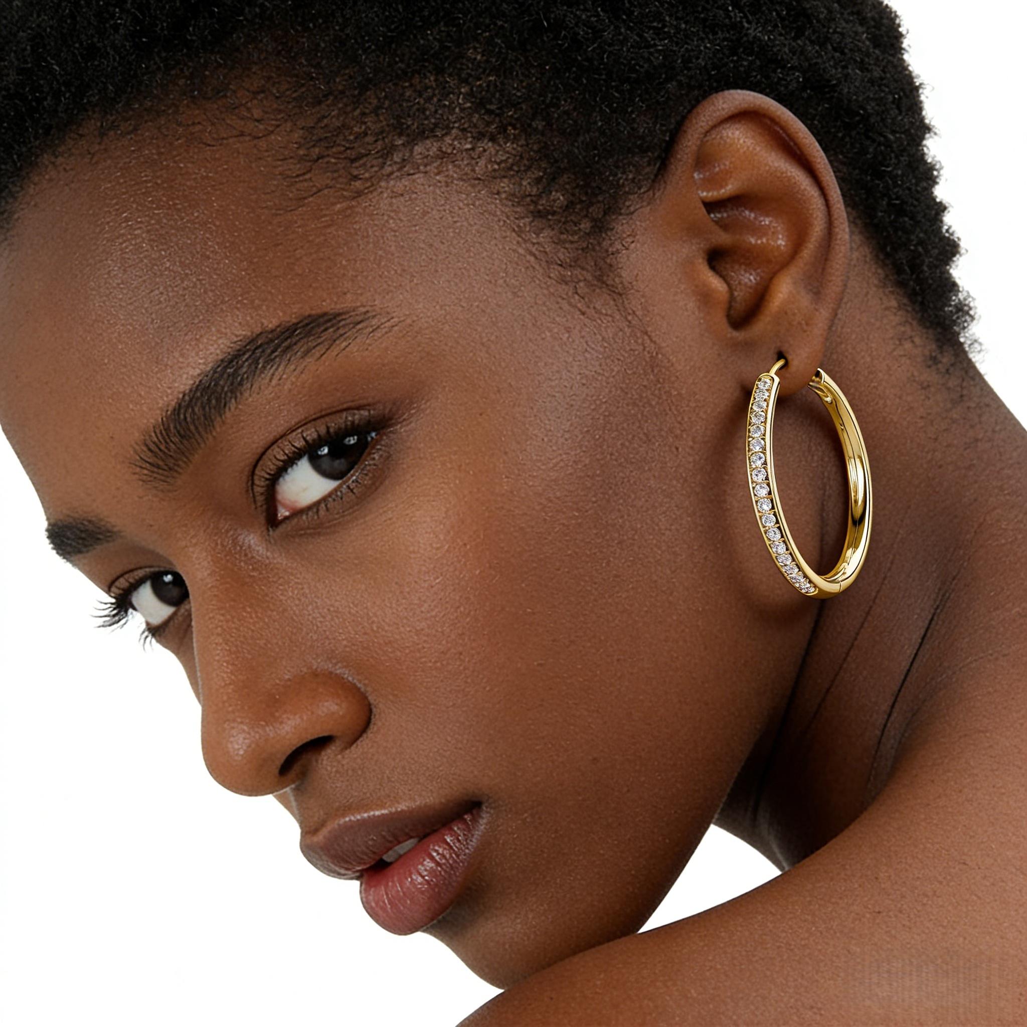 USA Bianca 14k Gold Plated on Brass Hoop Earrings with 5A+ Cubic zirconia, 30mm and 20mm Diameter, Hypoallergenic Lead & Nickel Free